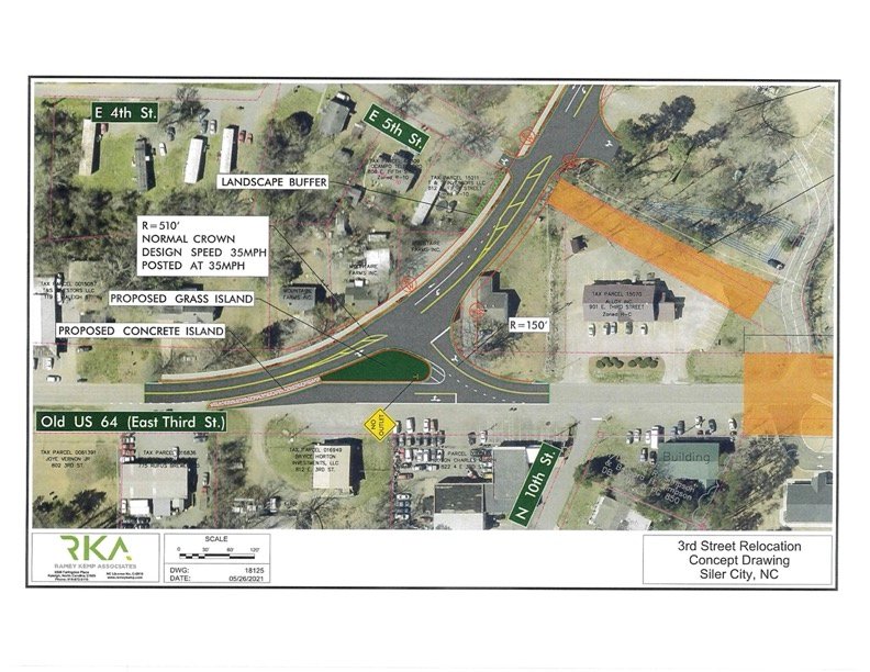According to Mountaire’s virtual rendering (pictured in the following images) of the new road, East Third Street’s current terminus at U.S. Hwy. 64 would close to regular traffic and shift about 510 feet west, replacing North Avenue. East Fifth Street and Johnson Avenue — minor roads running through the Mountaire complex ­— would also close to the public.